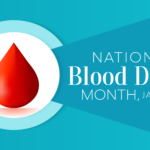 Red droplet of blood in a white circle on a dark blue background beside white text that reads 