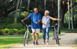 A senior African American couple in the park, walking side by side with their bicycles